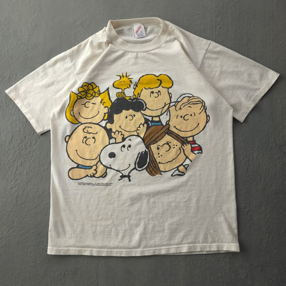 Vintage 90s Jerzees Cream Peanuts Snoopy Gang T-shirt Large Single Stitch